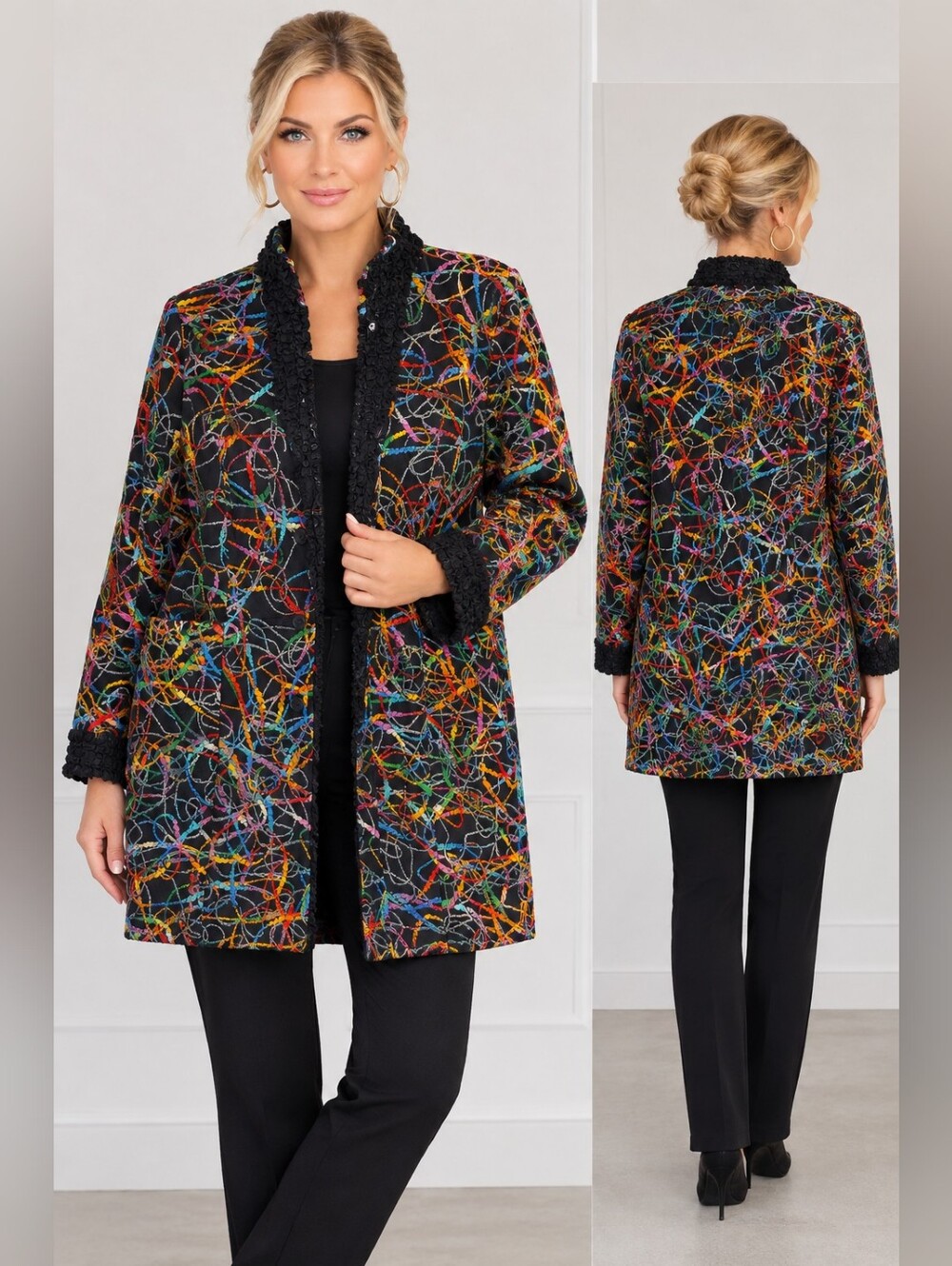 Ethyl Black Multicolor Abstract Quilted Open-Front Mid-Length Jacket XL